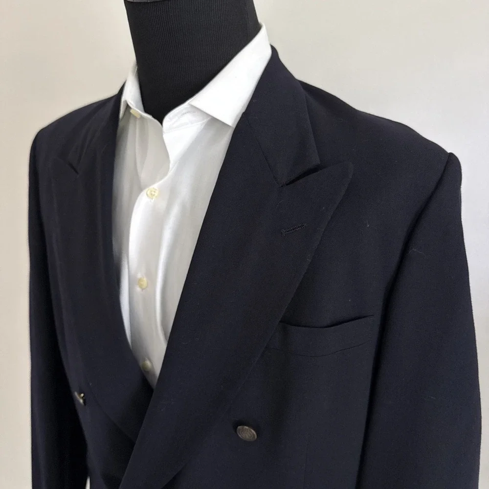 Pierre Cardin Navy Blue Bronze Horse Double Breasted Wool Blazer Jacket 42XL